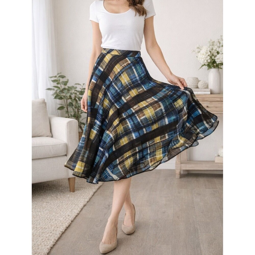 Trina Turk Size 10 A-Line Skirt Blue Yellow Plaid Flowy Midi